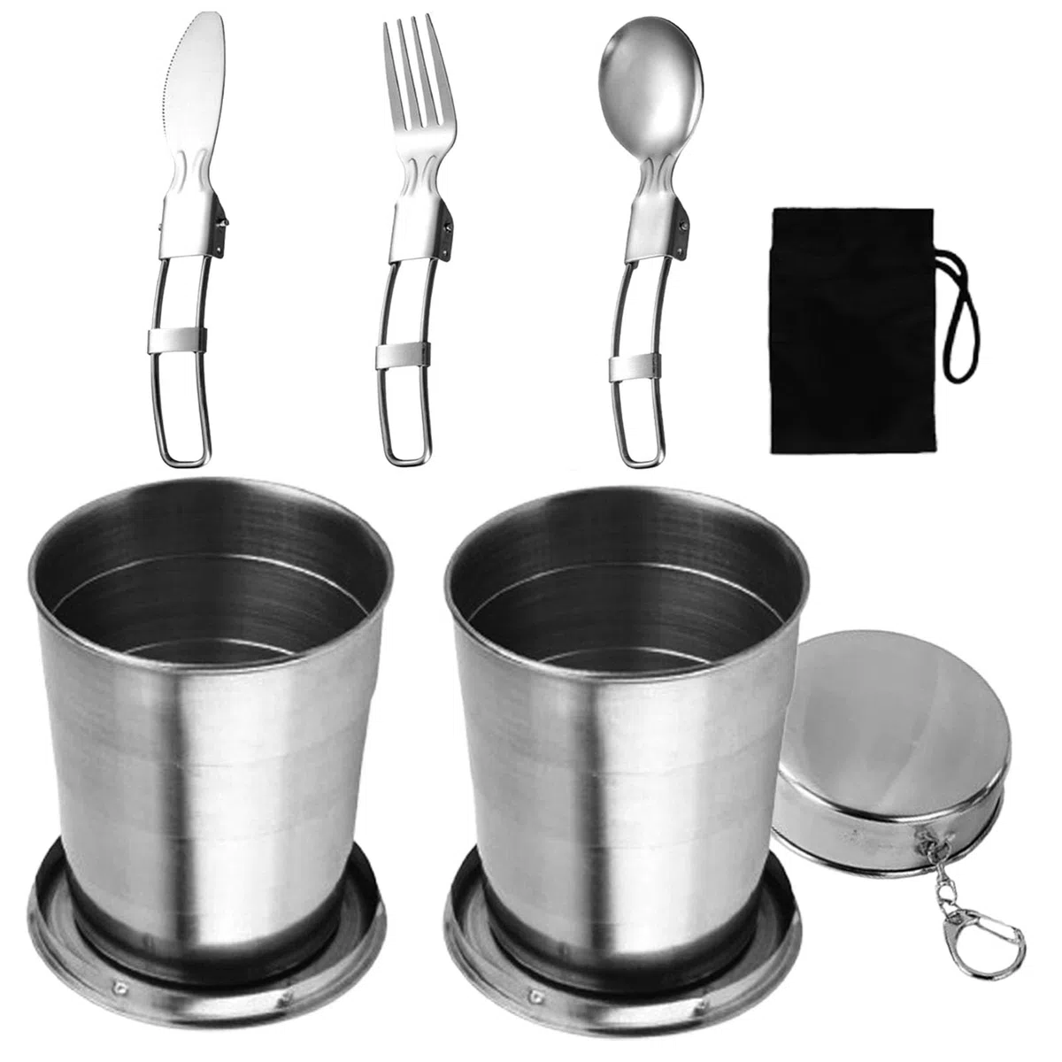 Taza Plegable de Acero Inoxidable 250ML Set 5 Piezas Cubiertos Plegables para Campings, Pesca, Aire Libre, Montañismo y Acampar