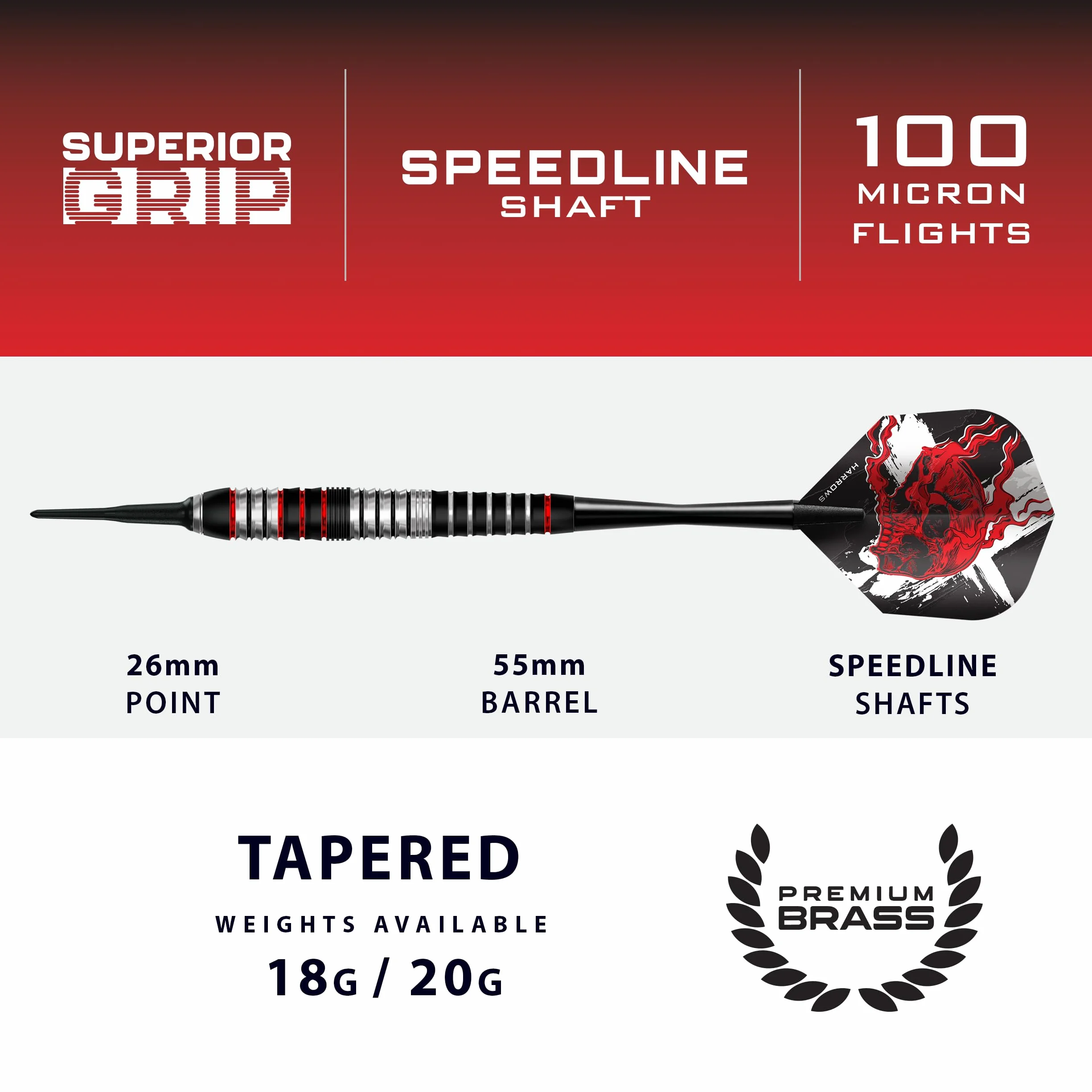 Harrows Ryan Searle Heavy Metal - Juego de dardos de punta blanda de acero inoxidable en 18 g o 20 g – Incluye cañas Speedline, plumas de 100 micras y caja de dardos, dardos de punta blanda resistente