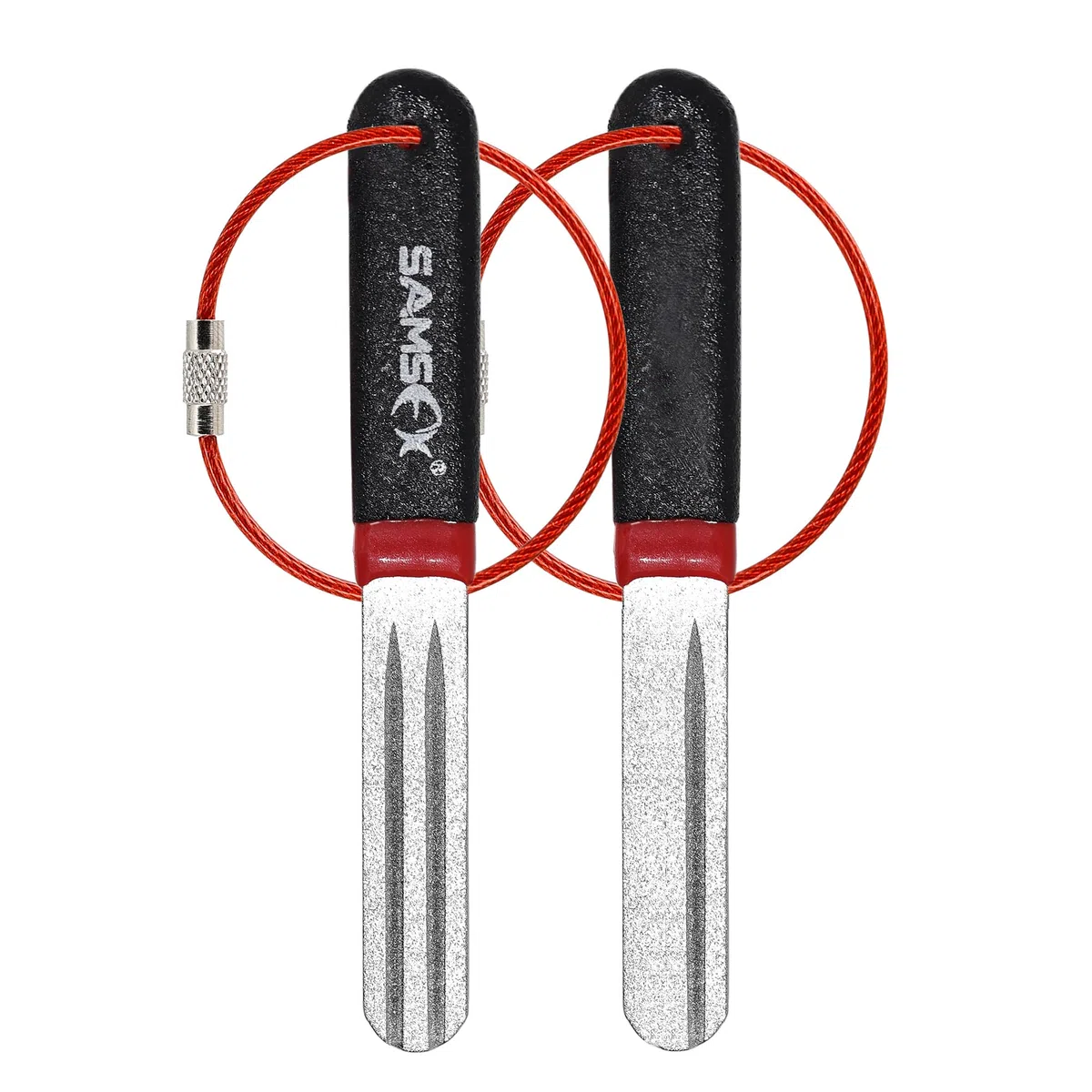 SAMSFX Afilador de anzuelos de pesca de doble grano de diamante, herramienta de molienda para pescadores, paquete de 2 unidades en paquete (mango negro y rojo)