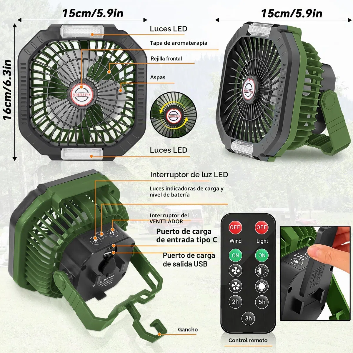 Ventilador Camping Recargable 7800mAh, Ventilador Portátil Batería USB, 4 Velocidades de Ventilación, 3 Modos de Temporizador, con Mando a Distancia, para Camping, Viajes, Playa, Familia