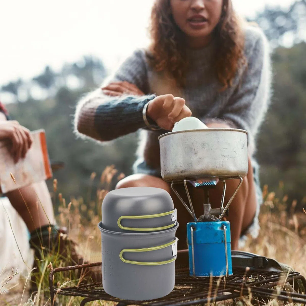 Juego de utensilios de cocina para camping para 1-2 personas, vajilla de aluminio portátil, cacerola con cubiertos plegables, cubiertos para exteriores