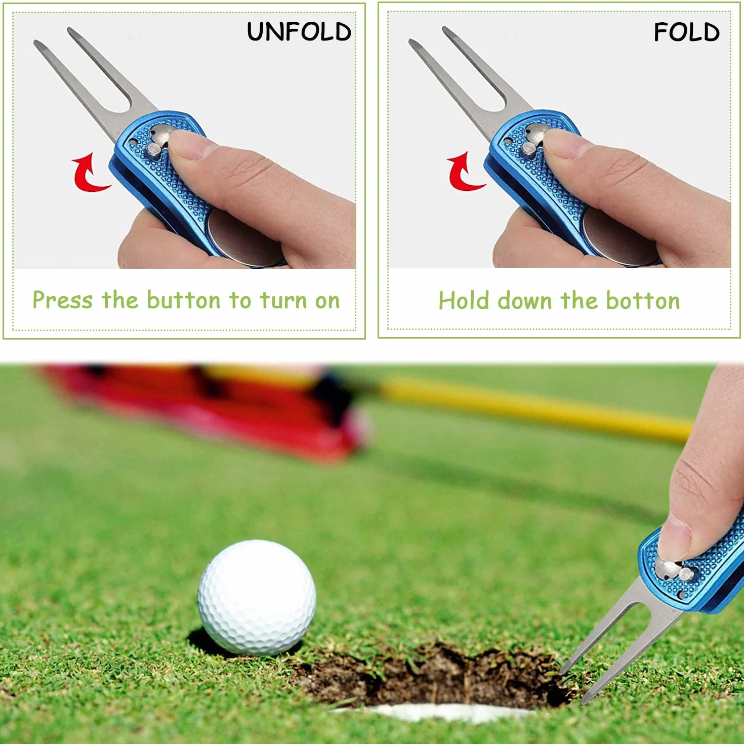 LBING 2 piezas de horquilla de golf divot reparación botón pop-up y marcador de bola de acero inoxidable para golf, club, deportes al aire libre y herramientas de golf clásicas regalo
