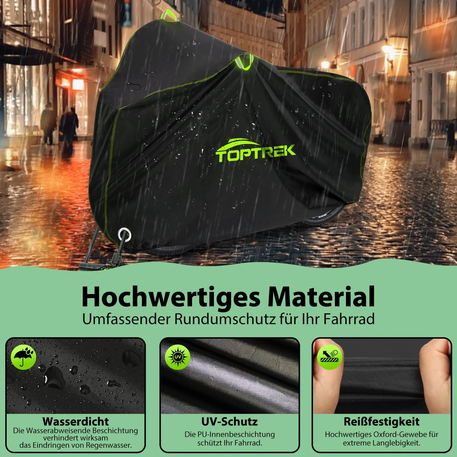 toptrek Funda para bicicleta 210D de tela Oxford, para exteriores, de alta calidad, con ojales, protección solar, resistencia al desgarro con bolsa (negro, 200 x 110 x 70 cm para 1 bicicleta)